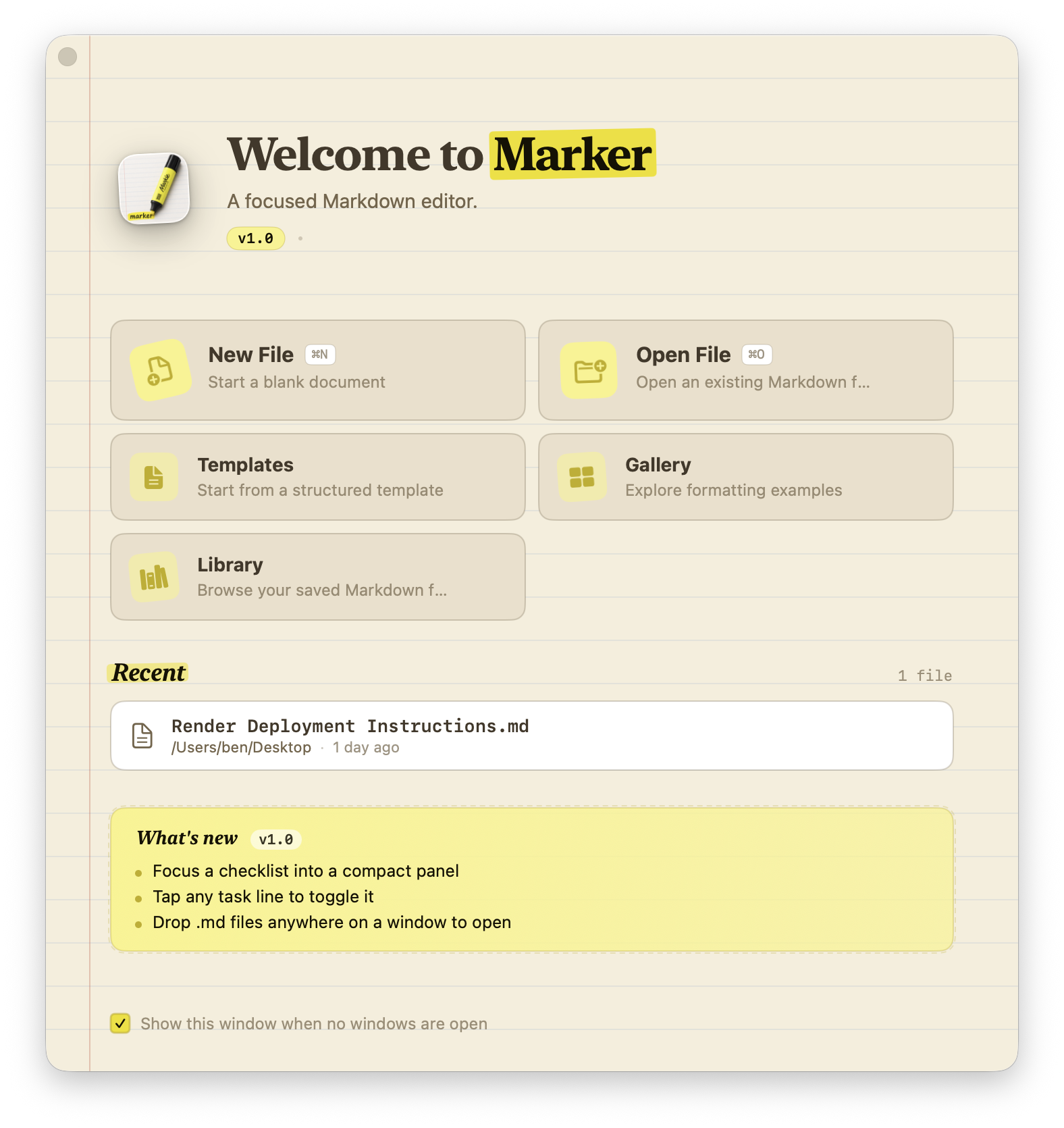 Marker welcome window with new file, open file, templates, gallery, and library options.